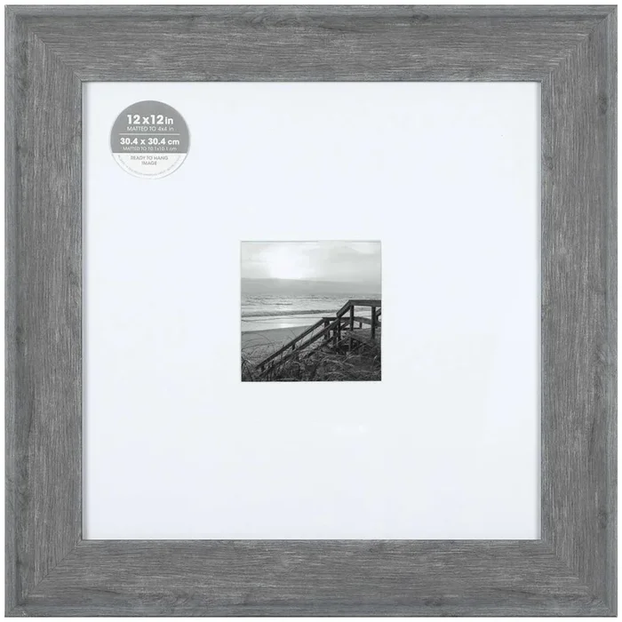 12×12 Matted to 4×4 Wide Flat Profile with White Mat Wall Frame, Grey