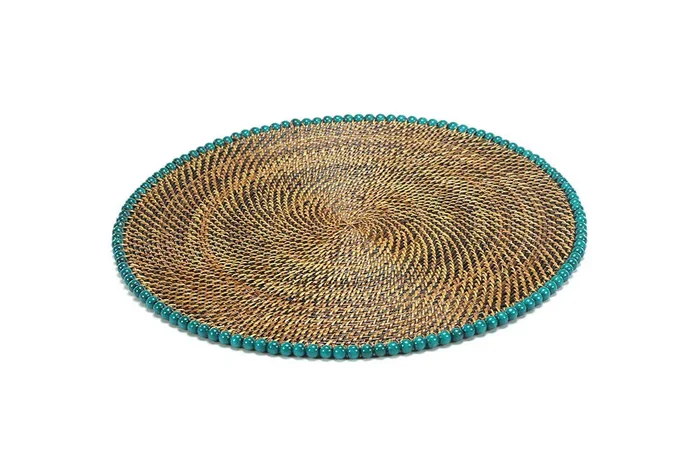 14″ Round Placemat with Sea Green Wood Beads – Set of 4 by Calaisio