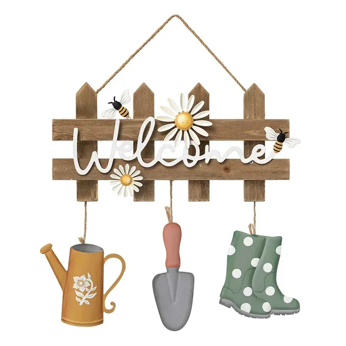 14in Wood Fence Garden Tools Welcome Sign