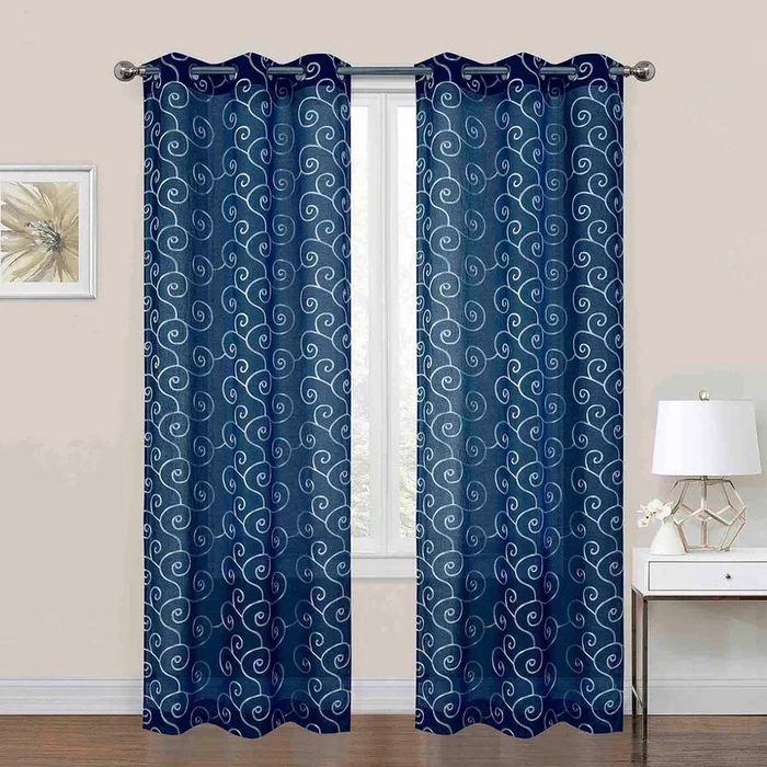 2-Pack Navy Blue Embroidered Scroll Grommet Curtain Panels, 84″