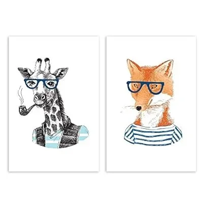 2 Panel Canvas Wall Art – Cartoon Animals – Mr Giraffe and Mr Fox – Giclee Print Gallery Wrap Modern Home Art Ready to Hang – 24