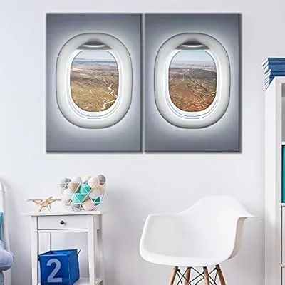 2 Panel Canvas Wall Art – Grey Plane Window Seat View Overlooking Desert Plains – Giclee Print Gallery Wrap Modern Home Art Ready to Hang – 16