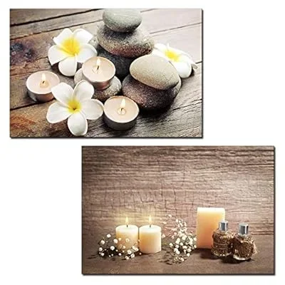 2 Panel Canvas Wall Art – Spa Concept with Zen Stones and Candles – Giclee Print Gallery Wrap Modern Home Art Ready to Hang – 24