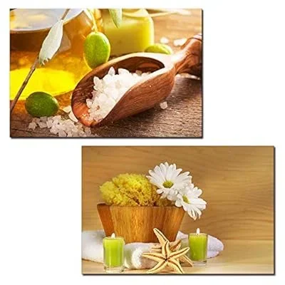 2 Panel Canvas Wall Art – Spa Still Life with Bath Salts and Flowers – Giclee Print Gallery Wrap Modern Home Art Ready to Hang – 16