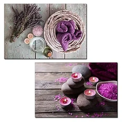 2 Panel Canvas Wall Art – Spa Still Life with Bath Salts and Towels – Giclee Print Gallery Wrap Modern Home Art Ready to Hang – 16