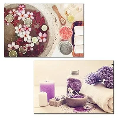2 Panel Canvas Wall Art – Spa Still Life with Flowers and Bath Salts – Giclee Print Gallery Wrap Modern Home Art Ready to Hang – 16
