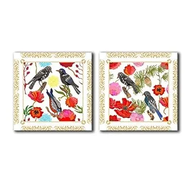 2 Panel Square Canvas Wall Art – Abstract Birds and Floral Patterns – Giclee Print Gallery Wrap Modern Home Art Ready to Hang – 24
