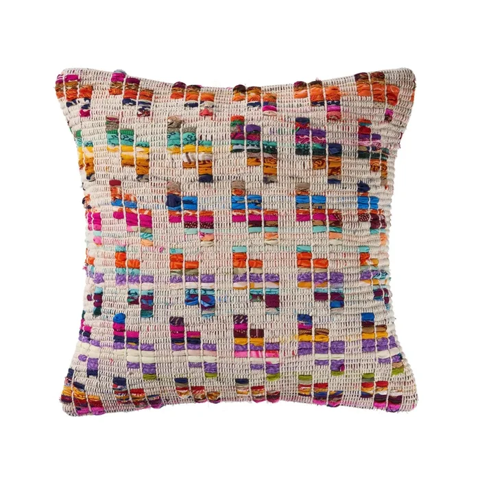 20″ Beige and Pink Eclectic Chindi Square Throw Pillow