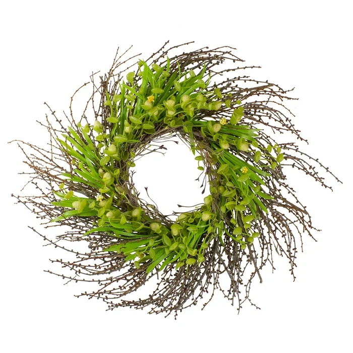 20-Inch Green and Yellow Flower Buds Leaves and Twigs Artificial Floral Wreath