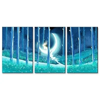 3 Panel Animal Canvas Wall Art – Fantasy Oil Painting Style Deer on The Crescent Moon in The Woods – Giclee Print Gallery Wrap Modern Home Art Ready to Hang – 16