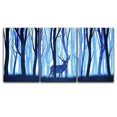 3 Panel Animal Canvas Wall Art – Watercolor Painting Style Deer in Blue Woods – Giclee Print Gallery Wrap Modern Home Art Ready to Hang – 16