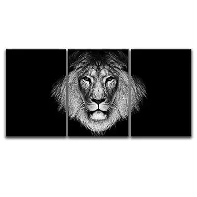 3 Panel Canvas Wall Art – A Lion Head on Black Background – Giclee Print Gallery Wrap Modern Home Art Ready to Hang – 16