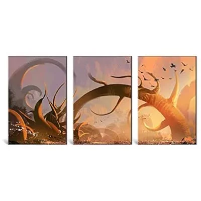 3 Panel Canvas Wall Art – Abstract Monsters Birds Flying – Giclee Print Gallery Wrap Modern Home Art Ready to Hang – 16