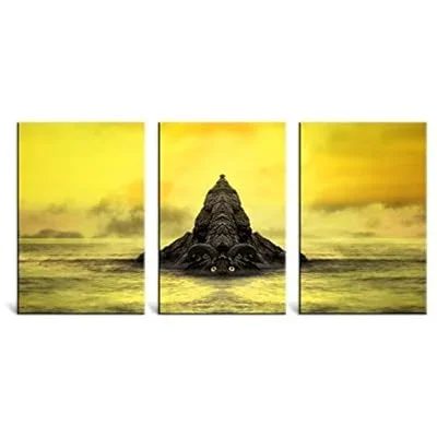 3 Panel Canvas Wall Art – Black Monster Swims Yellow Background – Giclee Print Gallery Wrap Modern Home Art Ready to Hang – 16