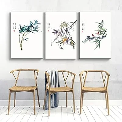 3 Panel Canvas Wall Art – Colorful Leaves on Branch with Chinese Writing Watercolor – Giclee Print Gallery Wrap Modern Home Art Ready to Hang – 24