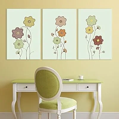 3 Panel Canvas Wall Art – Hand Drawing Style Flowers on Light Green Background – Giclee Print Gallery Wrap Modern Home Art Ready to Hang – 16
