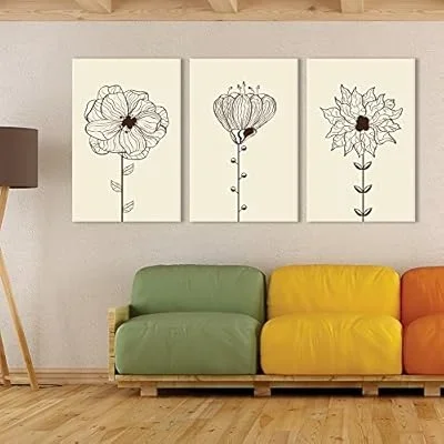 3 Panel Canvas Wall Art – Hand Drawing Style Flowers on Light Yellow Background – Giclee Print Gallery Wrap Modern Home Art Ready to Hang – 24
