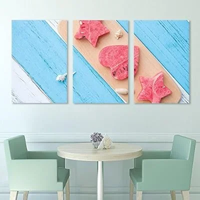 3 Panel Canvas Wall Art – Heart and Star Shaped Watermelon Slice on Rustic Wood Board – Giclee Print Gallery Wrap Modern Home Art Ready to Hang – 16