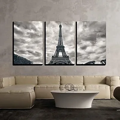3 Piece Canvas Wall Art – Eiffel Tower with Dramatic Sky Monochrome Black and White – Modern Home Art Stretched and Framed Ready to Hang – 24