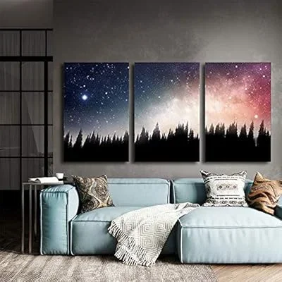 3 Piece Canvas Wall Art – Forest at Night and The Spectacular Galaxy – Modern Home Art Stretched and Framed Ready to Hang – 24