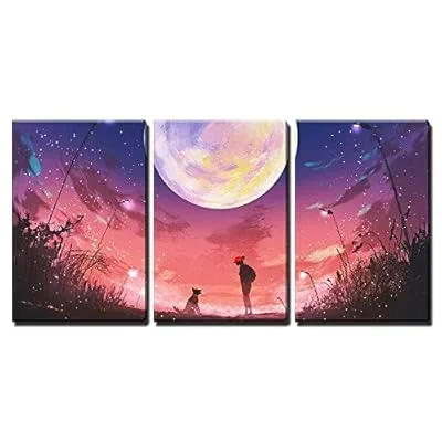 3 Piece Canvas Wall Art – Illustration – Young Woman with Dog at Beautiful Night with Huge Moon Above – Modern Home Art Stretched and Framed Ready to Hang – 24
