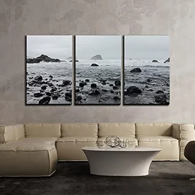 3 Piece Canvas Wall Art – Rock Stones on The Beach in Cloudy Day – Modern Home Art Stretched and Framed Ready to Hang – 16