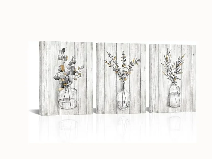 3-Piece Grey & Gold Botanical Canvas – Rustic Leaf Prints for Farmhouse Bathroom & Bedroom, 12×16″ Framed