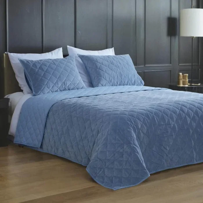 3-Piece Light Blue Cotton Velvet Quilt Set, King