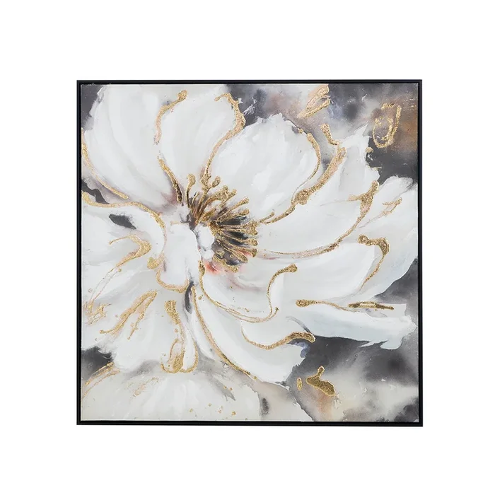 36 x 36 Inch Framed Wall Art, Floral Oil Painting On Canvas, White Gold – Benzara