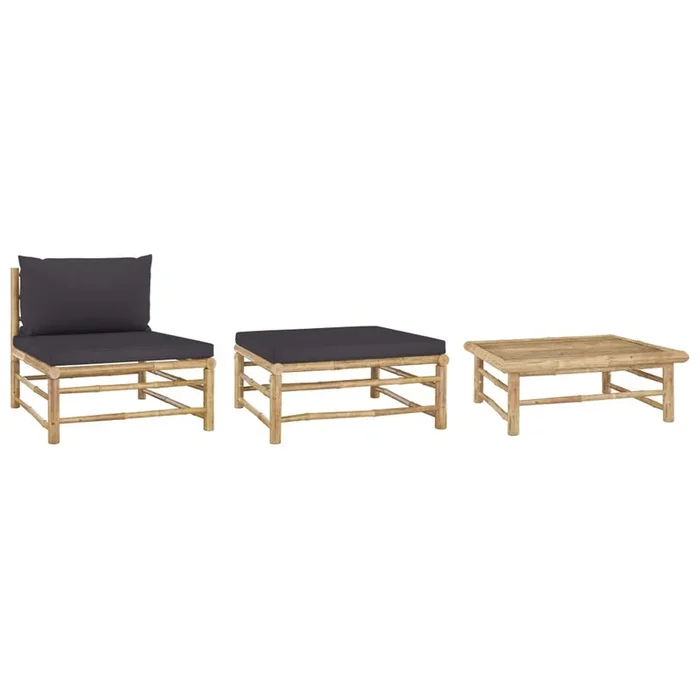 3pc Outdoor Modular Lounge Set, Table and Ottoman, Bamboo, Dark Gray – Benzara