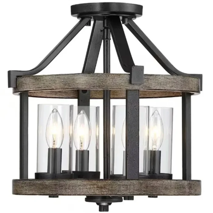 4-Light Farmhouse Ceiling Lamp with Round Metal and Wood Semi-Flush Mount Style