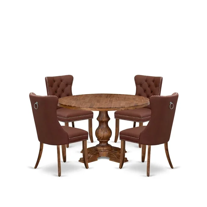 5-Pc Mid Century Modern Dining Set Contain A Wood Table And 4 Burgundy Chairs