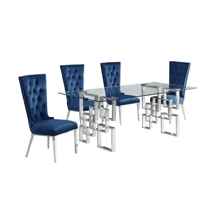 5-piece glam dining set with 4 navy blue chairs and a 79″ long glass table
