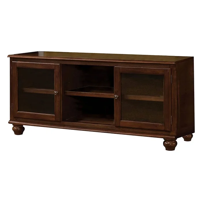 58 Inch Wood TV Entertainment Media Console, 2 Door, 2 Open Shelves, Walnut – Benzara