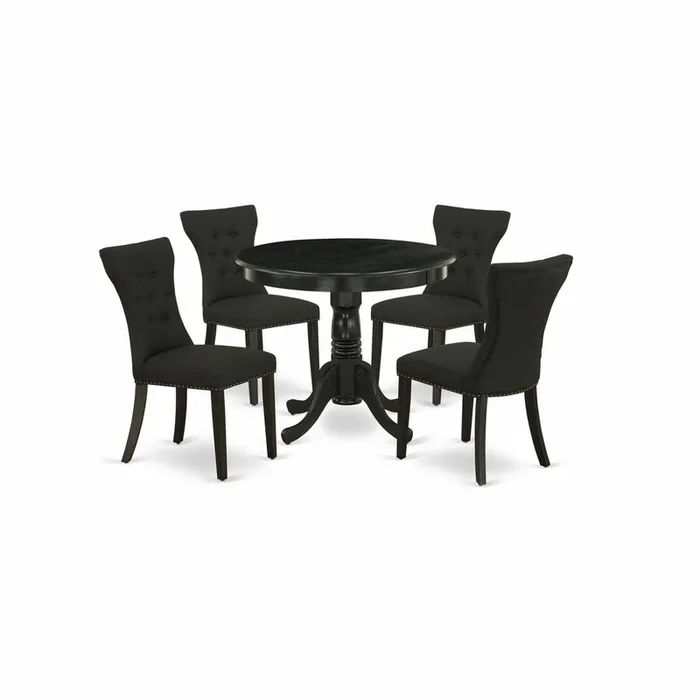 5Pc Dining Set – 36″ Round Table and 4 Parson Chairs – Wirebrushed Black Color