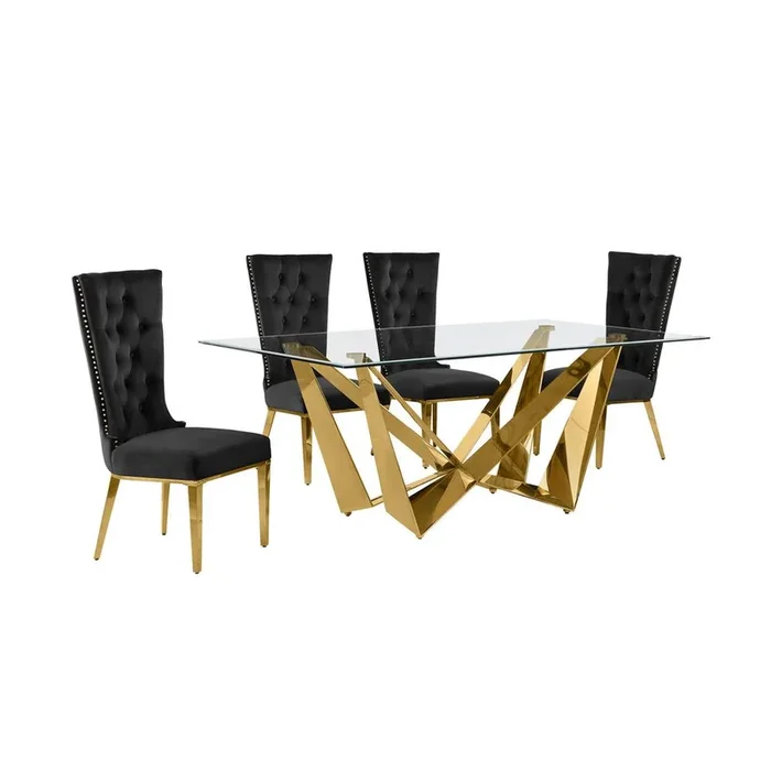 5pc Small(78″) glass dining set with gold base and 6 Black side chairs