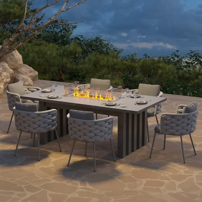 7 PCS Outdoor Propane Fire Pit Table & Rope Woven Armchair Rectangular Outdoor Dining Set Modern Yard &Ptio Furniture for 6 Person in Gray