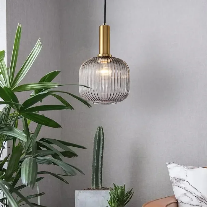 71” Ambient LED Light Ribbed Metal Translucent Blown Glass Pendant Lights