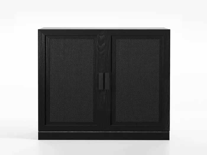 72″ High Black Wicker Door Wood Grain Decorative Storage Cabinet with 12 Shelves