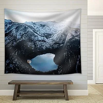 a Lake in Mountain Peaks Covered with Snow – Fabric Wall Tapestry Home Decor – 68×80 inches