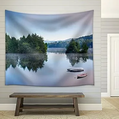 a Lake in The Early Morning with Fog on The Water. a Boat and Dock are in The Foreground. – Fabric Wall Tapestry Home Decor – 51×60 inches