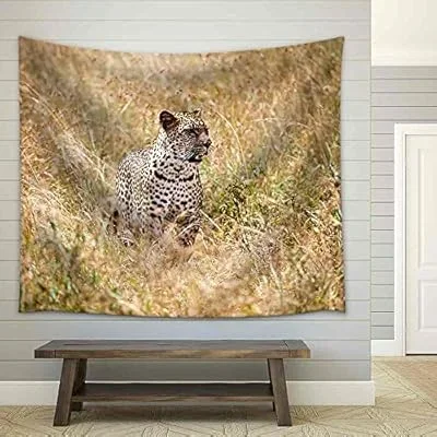 a Large Adult Leopard Looks Through The Tall Grasses of The Savanna in Search of His Next Meal – Fabric Wall Tapestry Home Decor – 51×60 inches