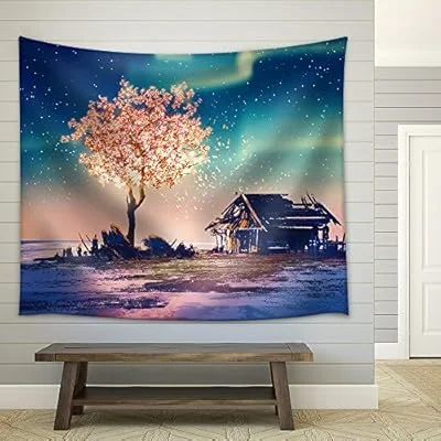 Abandoned House and Fantasy Tree Lights Under Northern Lights,Illustration Painting – Fabric Wall Tapestry Home Decor – 51×60 inches