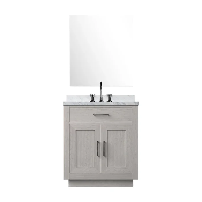 Abbey 30 in W x 22 in D White Oak Single Bath Vanity Carrara Marble Countertop, 28 in Mirror and Faucet Set