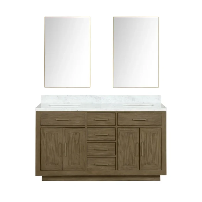 Abbey 60 in W x 22 in D Grey Oak Double Bath Vanity, Carrara Marble Top, and 28 in Mirrors