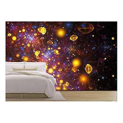 Abstract Blue and Golden Drops on Black Background. Fantasy Fractal Design. Digital Art – Removable Wall Mural | Self-Adhesive Large Wallpaper – 100×144 inches
