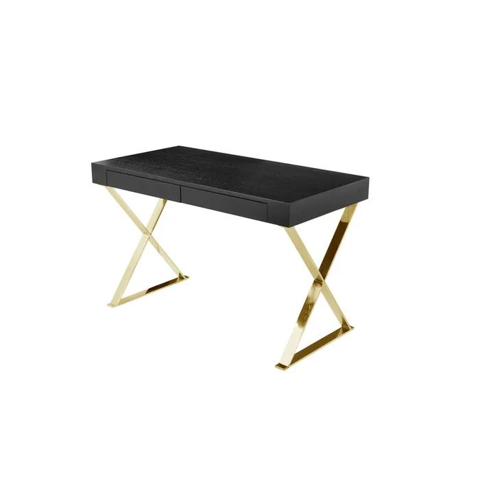 Ada Office Desk, 2 Drawers, Black Wood and Gold X Steel Legs, 47 Inch – Benzara