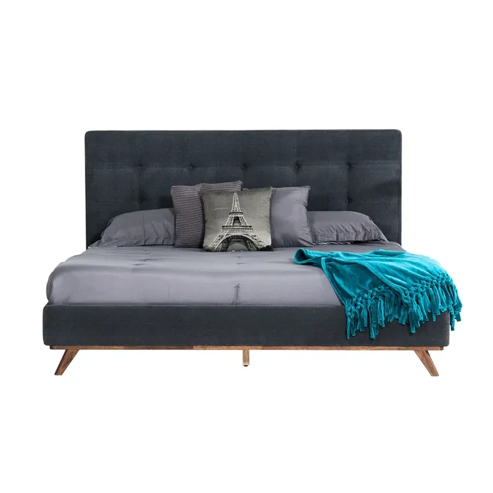 Adia Platform King Bed, Dark Gray Button Tufted Polyester Upholstery – Benzara