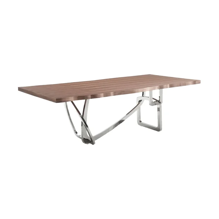 Ady Dining Table, 43×95 Walnut Top, Modern Chrome Steel Abstract Base – Benzara