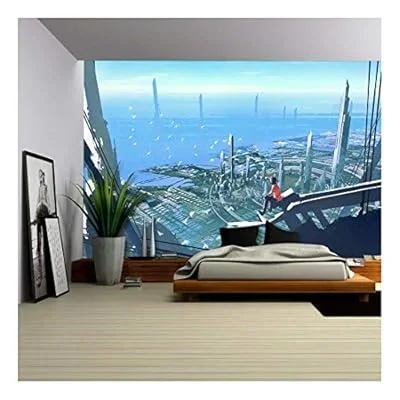 Aerial View with The Man Sitting on Edge of Building Looking at Futuristic City,Illustration Painting – Removable Wall Mural | Self-Adhesive Large Wallpaper – 66×96 inches